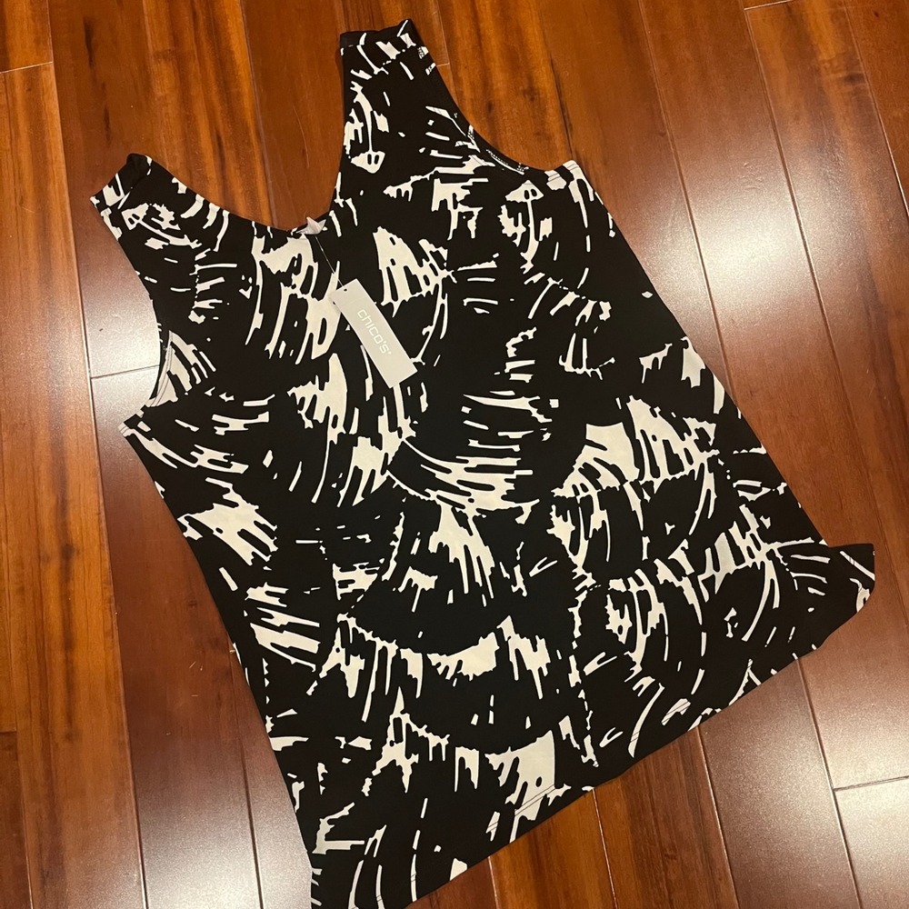 Chicos Travelers Tank Top Black White Printed Sleeveless New Size 1 / US 8 /‎ 10